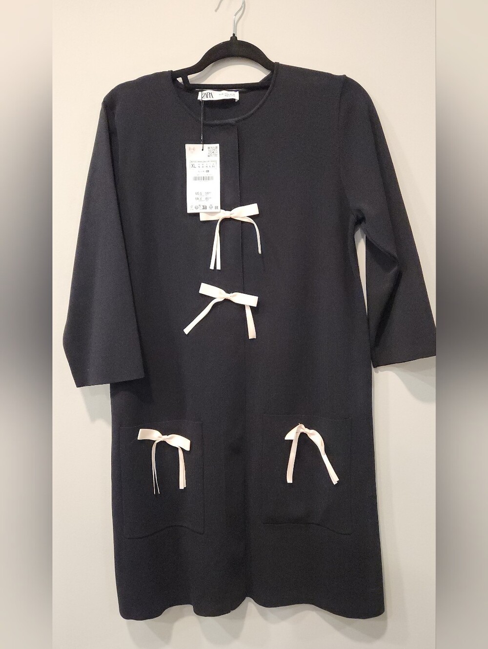 NWT Zara Black Dress with Pale Pink Bow Details Sz XL